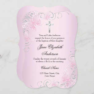 Pink Swirl Butterfly & Cross Baptism Invitation