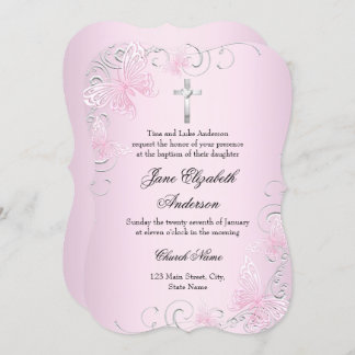 Pink Swirl Butterfly & Cross Baptism Invitation
