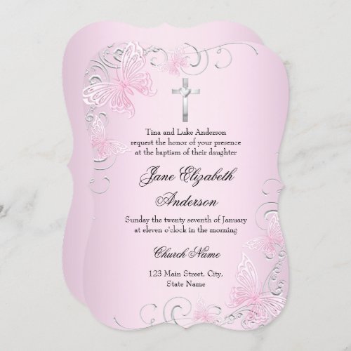 Pink Swirl Butterfly  Cross Baptism Invitation