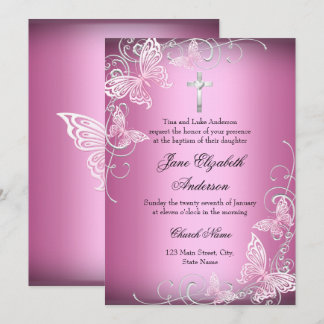 Pink Swirl Butterfly Cross Baptism Invite