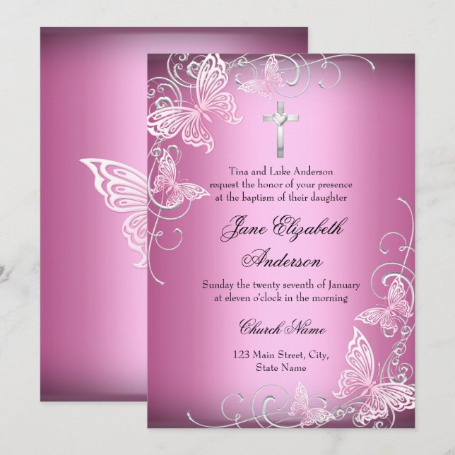 Pink Swirl Butterfly Cross Baptism Invite (Front/Back)