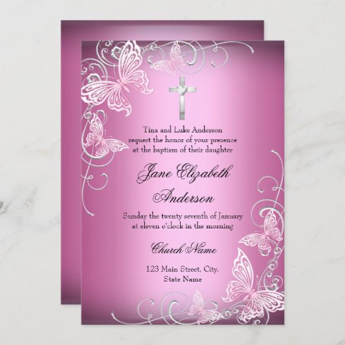 Pink Swirl Butterfly Cross Baptism Invite