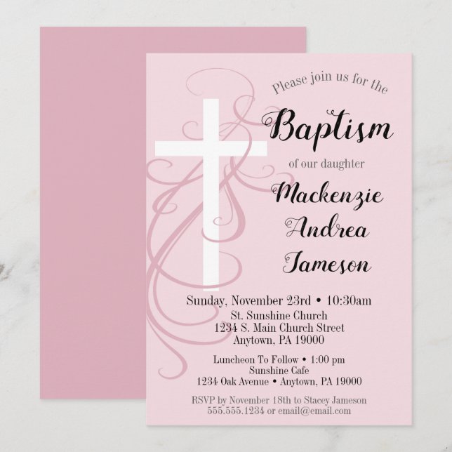 Pink Swirl Cross Baptism Invitation Girl's (Front/Back)