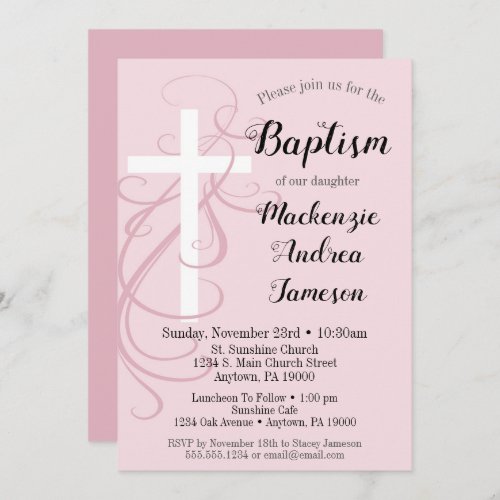 Pink Swirl Cross Baptism Invitation Girls