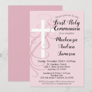 Pink Swirl Cross First Holy Communion Invitation