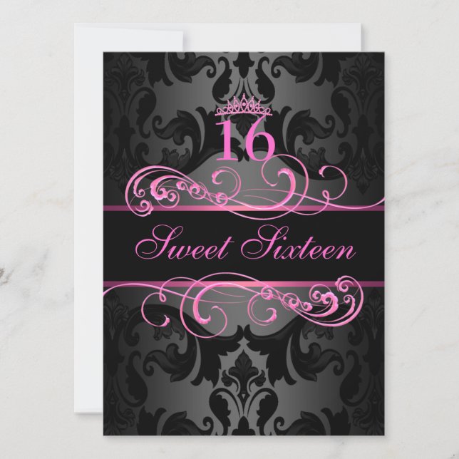 Pink Swirl Damask Sweet16 Birthday Invite (Front)