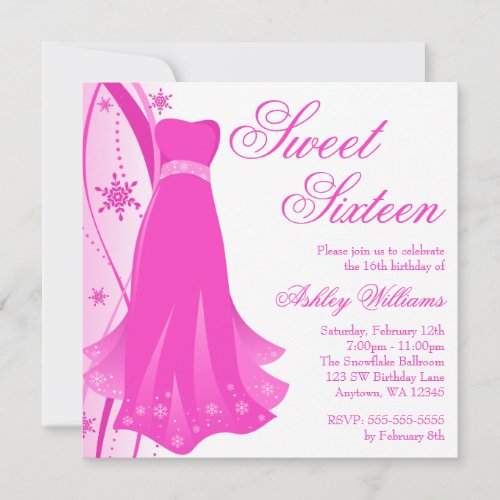 Pink Swirl Dress Winter Wonderland Sweet 16 Custom Invitation