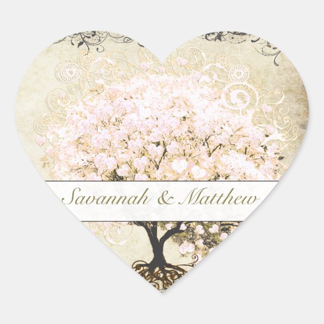 Pink Swirl Heart Leaf Tree Wedding Seal (Front)