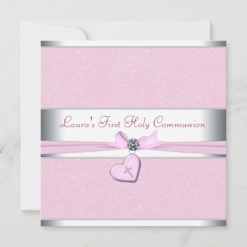Pink Swirl Heart Pink Cross First Communion Invitation