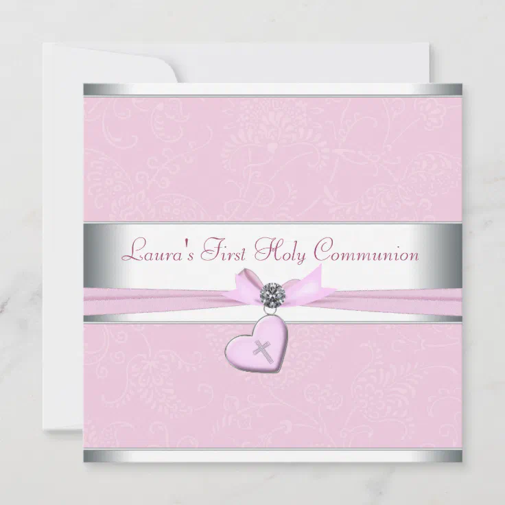 Pink Swirl Heart Pink Cross First Communion Invitation | Zazzle