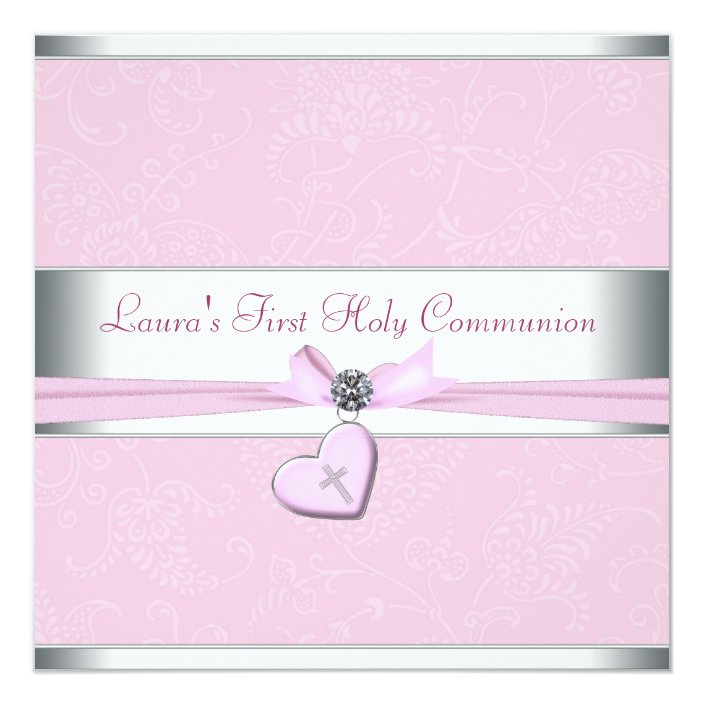 Pink Swirl Heart Pink Cross First Communion Invitation | Zazzle.com