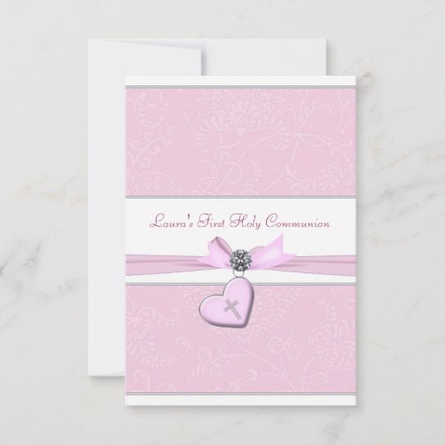 Pink Swirl Heart Pink Cross First Communion Invitations