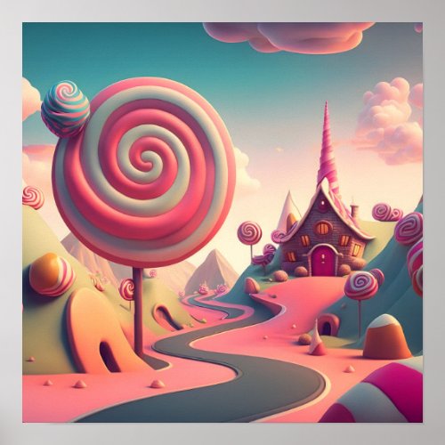 Pink Swirl Lollipop Candy Land House Poster