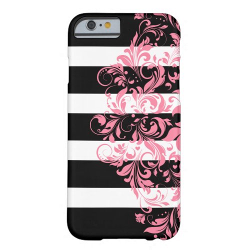 Pink Swirl Over Black And White Stripes Barely There iPhone 6 Case