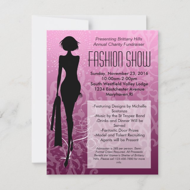 Pink Swirl Silhouette Fashion Show Invitations (Front)