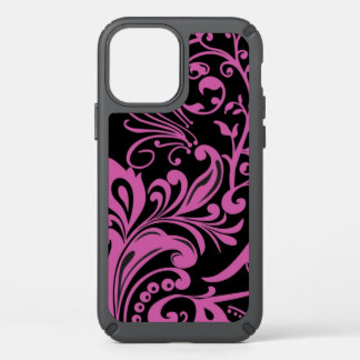 Pink Swirling Damask Pattern on Black Speck iPhone 12 Case