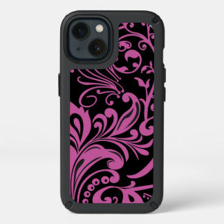 Pink Swirling Damask Pattern on Black Speck iPhone 13 Case
