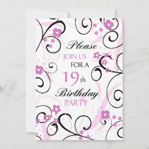 Pink Swirls 19th Birthday Party Invitation Card