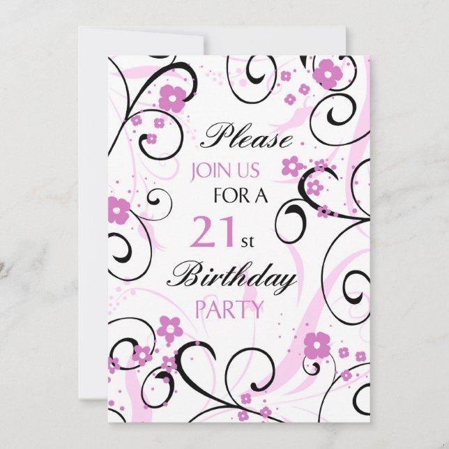 Pink Swirls 21st Birthday Party Invitation Card (Front)