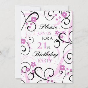 Pink Swirls 21st Birthday Party Invitation Card