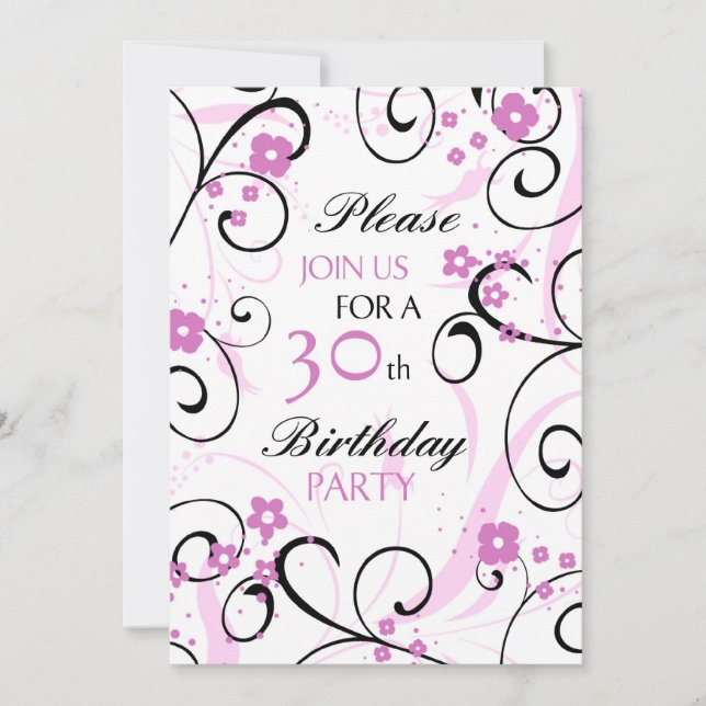 Pink Swirls 30th Birthday Party Invitation Card (Front)