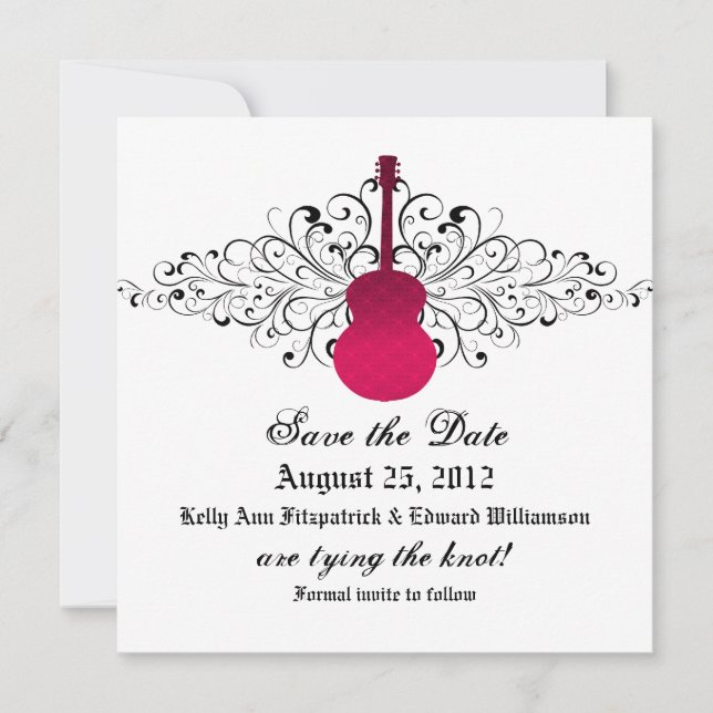 Pink Swirls Guitar Save the Date Invite (Front)