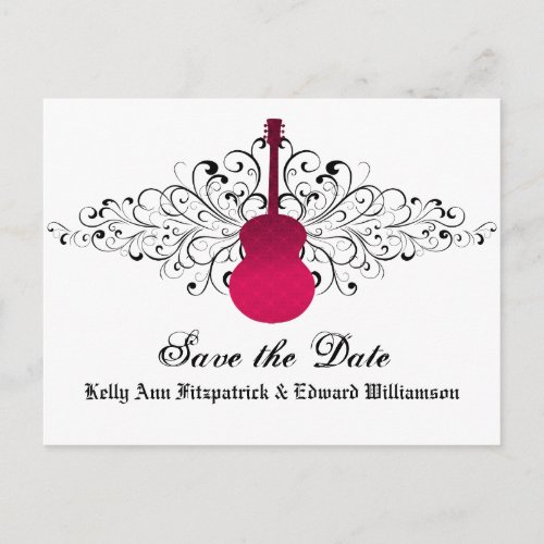 Pink Swirls Guitar Save the Date Postcard