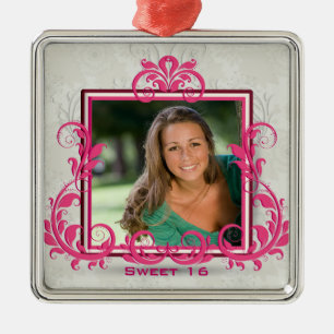 Pink swirls photo frame sweet sixteen ornament