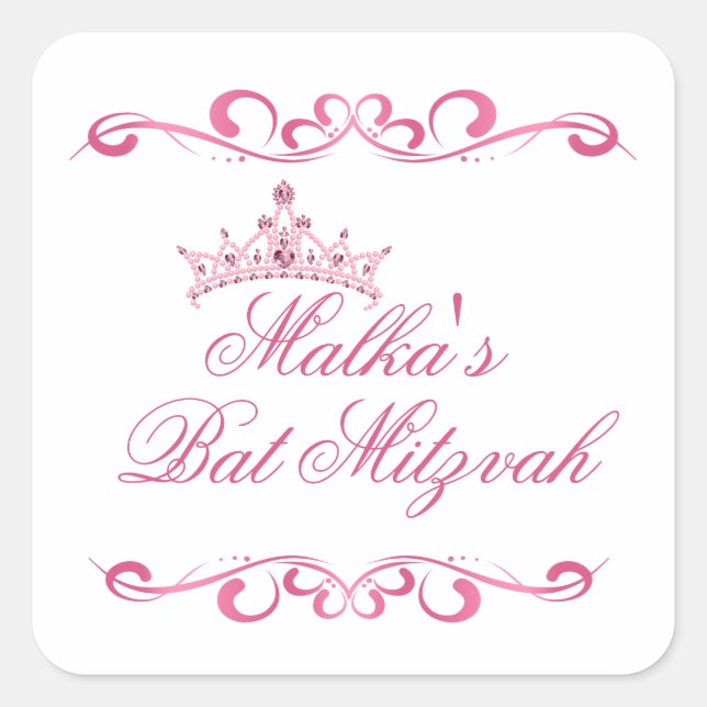 Pink swirls, Tiara Bat Mitzvah Logo Square Sticker (Front)