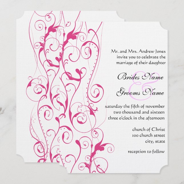 Pink Swirls Wedding Invitations Budget Sized Small (Front/Back)