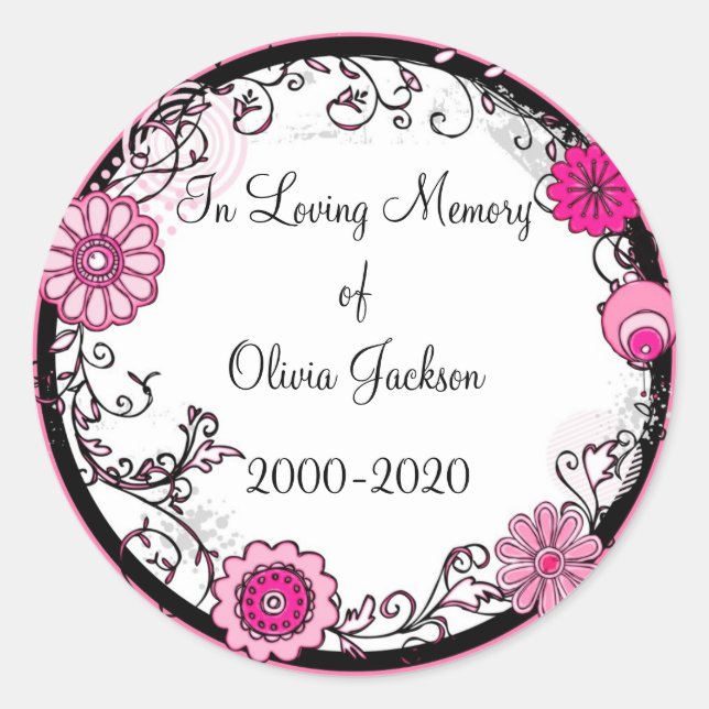Pink swirly flowers customizable sympathy stickers (Front)