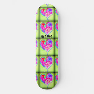 Pink swirly hearts green skateboard