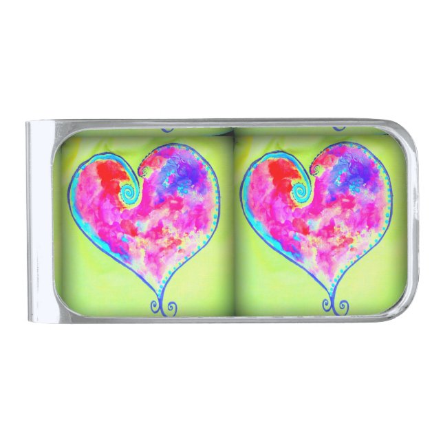 pink swirly hearts silver finish money clip (Front)