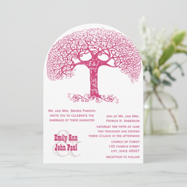 Pink Swirly Initials Carved in Tree Wedding Invite (Standing Front)