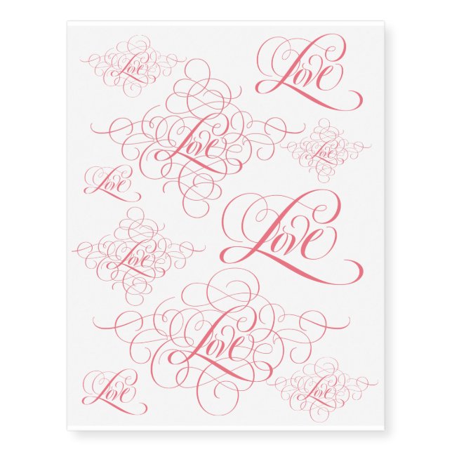 Pink Swirly Love Calligraphy Lettering Script Temporary Tattoos (Front)