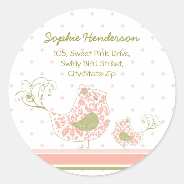 Pink Swirly Mom & Baby Bird Address Label Sticker (Front)