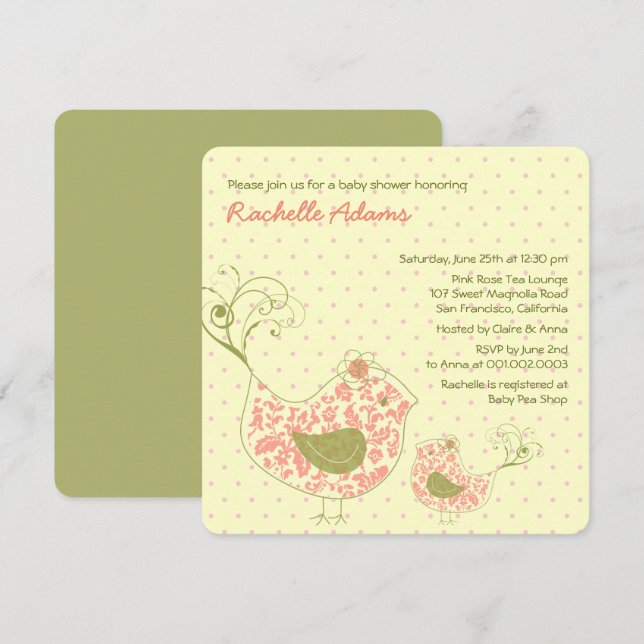 Pink Swirly Mom & Baby Bird Baby Shower Invitation (Front/Back)
