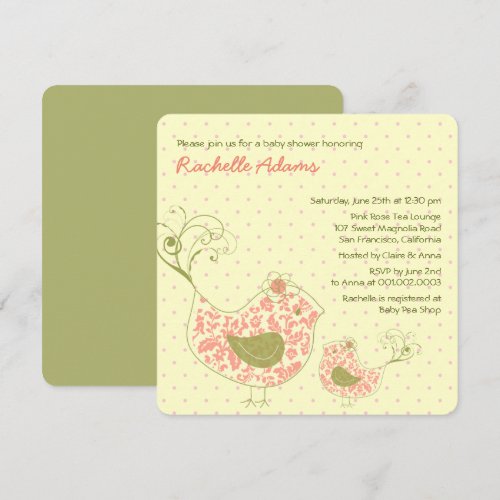 Pink Swirly Mom &amp; Baby Bird Baby Shower Invitation