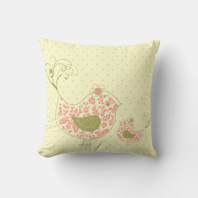 Pink Swirly Mom & Baby Bird  Whimsical Cushion (Front)