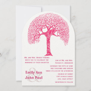 Pink Swirly Rustic Tree Love Bird Woodland Wedding Invitation