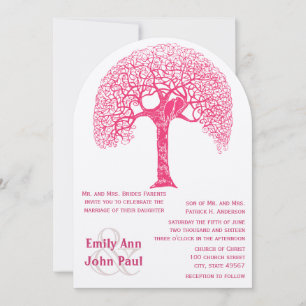 Pink Swirly Rustic Tree Love Bird Woodland Wedding Invitation