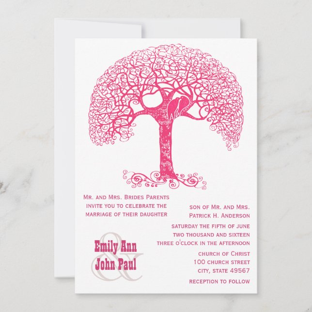 Pink Swirly Rustic Tree Love Bird Woodland Wedding Invitation (Front)