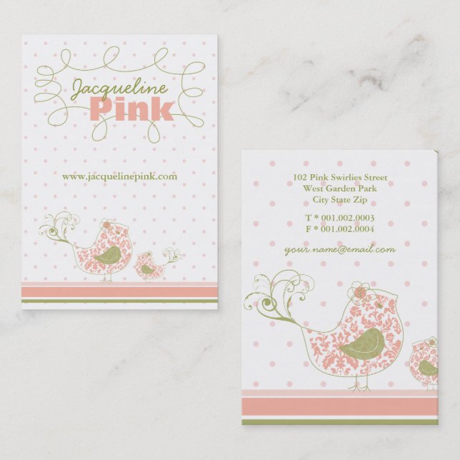 Pink Swirly Whimsical Damask Mommy And Baby Bird Business Card (Front/Back)