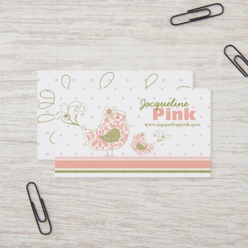Pink Swirly Whimsical Damask Mommy And Baby Bird Business Card