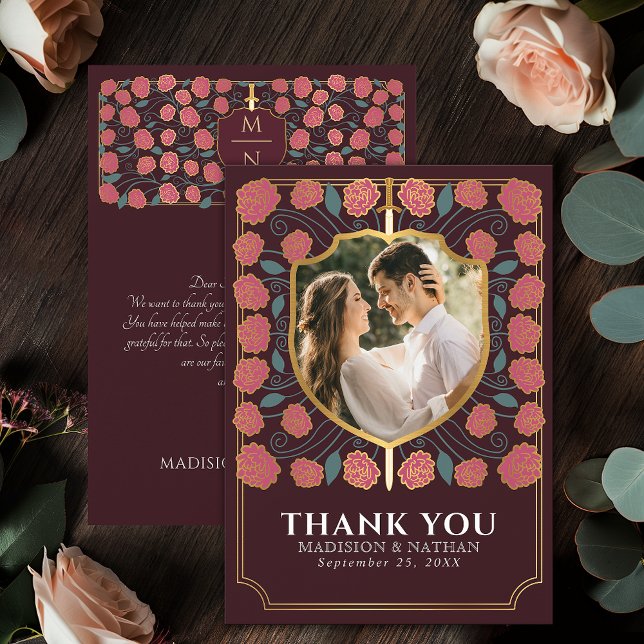 Pink Sword & Shield Medieval Fantasy Wedding Thank You Card (Creator Uploaded)