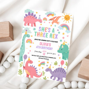 Pink T-Rex 3rd Birthday Party Invitation