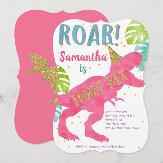 Pink, T-rex, Dinosaur, Girl, 3rd Birthday Invitation (Front/Back)