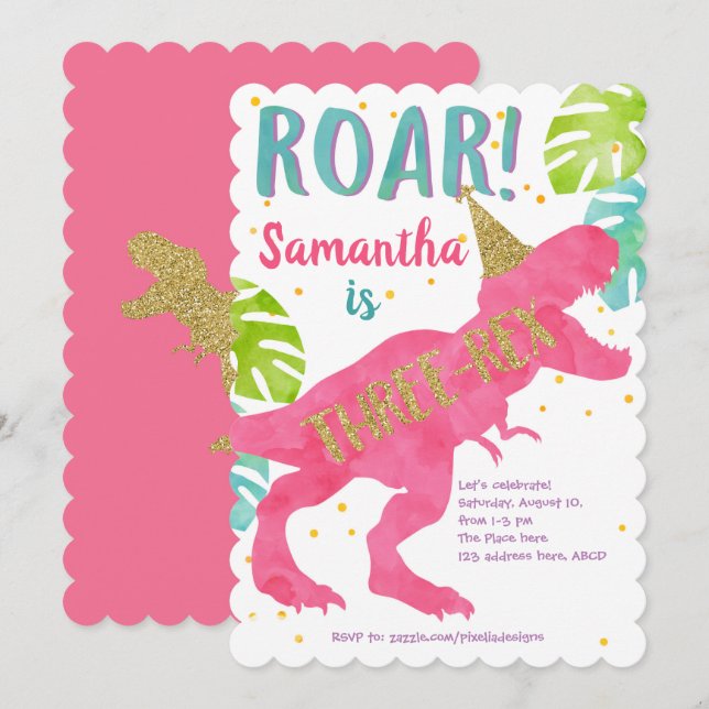 Pink, T-rex, Dinosaur, Girl, 3rd Birthday Invitation (Front/Back)