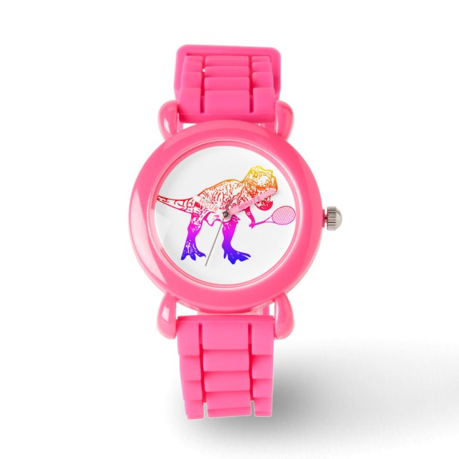 Pink T-Rex Dinosaur With Tennis Racket Watch (Front)
