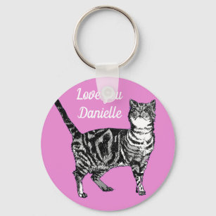 Pink Tabby Cat Cats Hot Pink Girls Name Key Ring